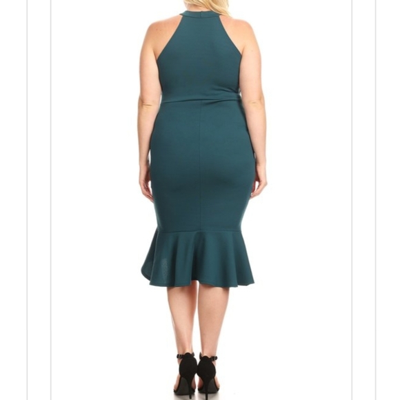 Plus Size Dark Teal High Neck Asymmetrical Dress - Picture 5 of 7